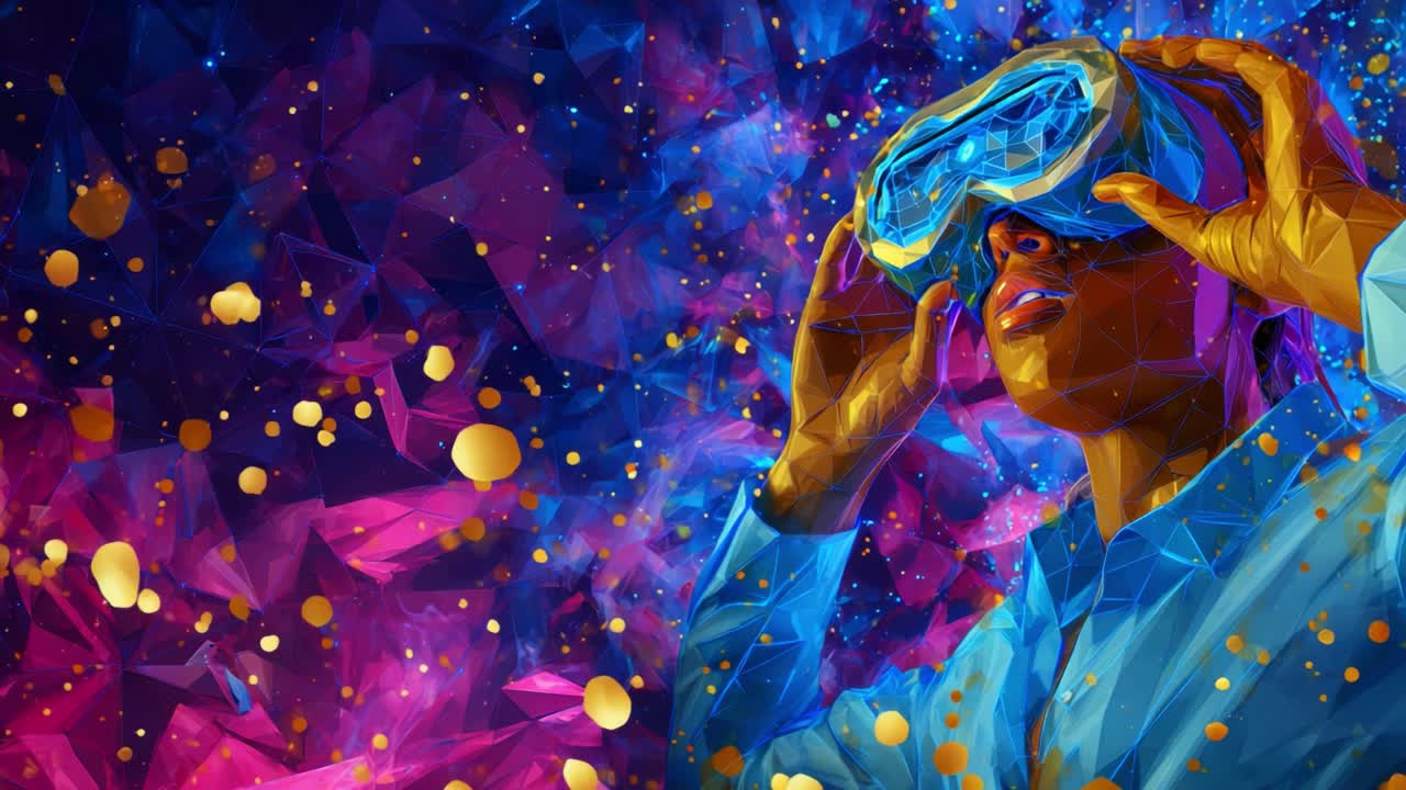 Esplorare i confini della realtà: una persona alle prese con la tecnologia della realtà virtuale su uno sfondo fantastico e colorato che riflette immaginazione e innovazione