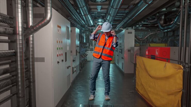 Full Body Of Asian Male Engineer With Safety Helmet Screaming Goal And Dancing Celebrating In Engine Control Room, Work Of Electrical Generators
