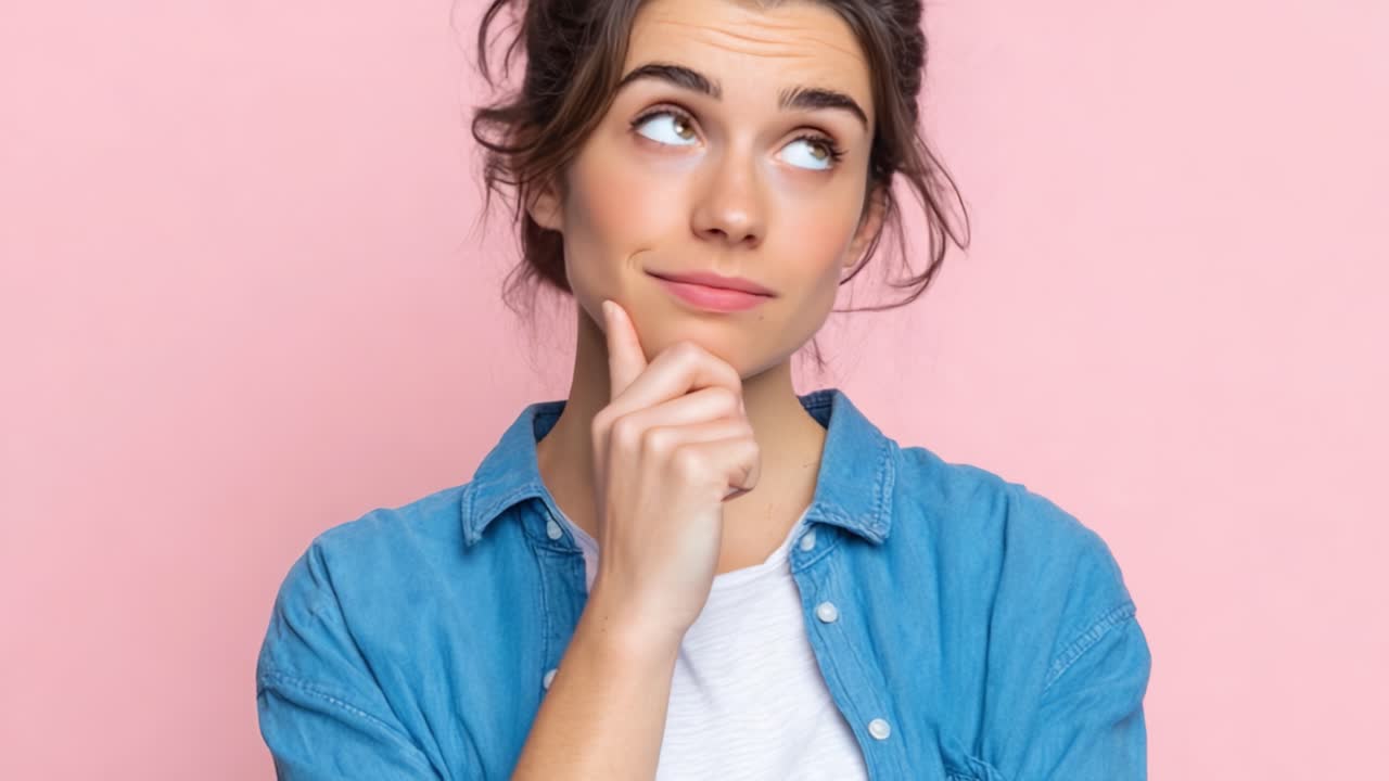 Una giovane donna che si chiede e riflette con un'espressione pensierosa su uno sfondo rosa tenue, catturando l'essenza della curiosità e della contemplazione in modo leggero