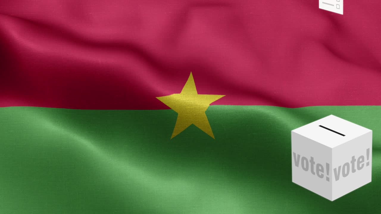 las papeletas de votación vuelan a la caja para la selección de burkina - caja de votación frente a la bandera - elección - voto - bandera de burkina faso - bandera de burkina faso de alto detalle - bandera nacional burkina fasso patrón de ondas elementos en bucle - textura de tela y bucle sin fin - bandera vertical