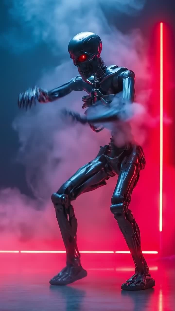 Dark Metallic Skeleton Robot Walking Through Smoke and Red Neon Lights