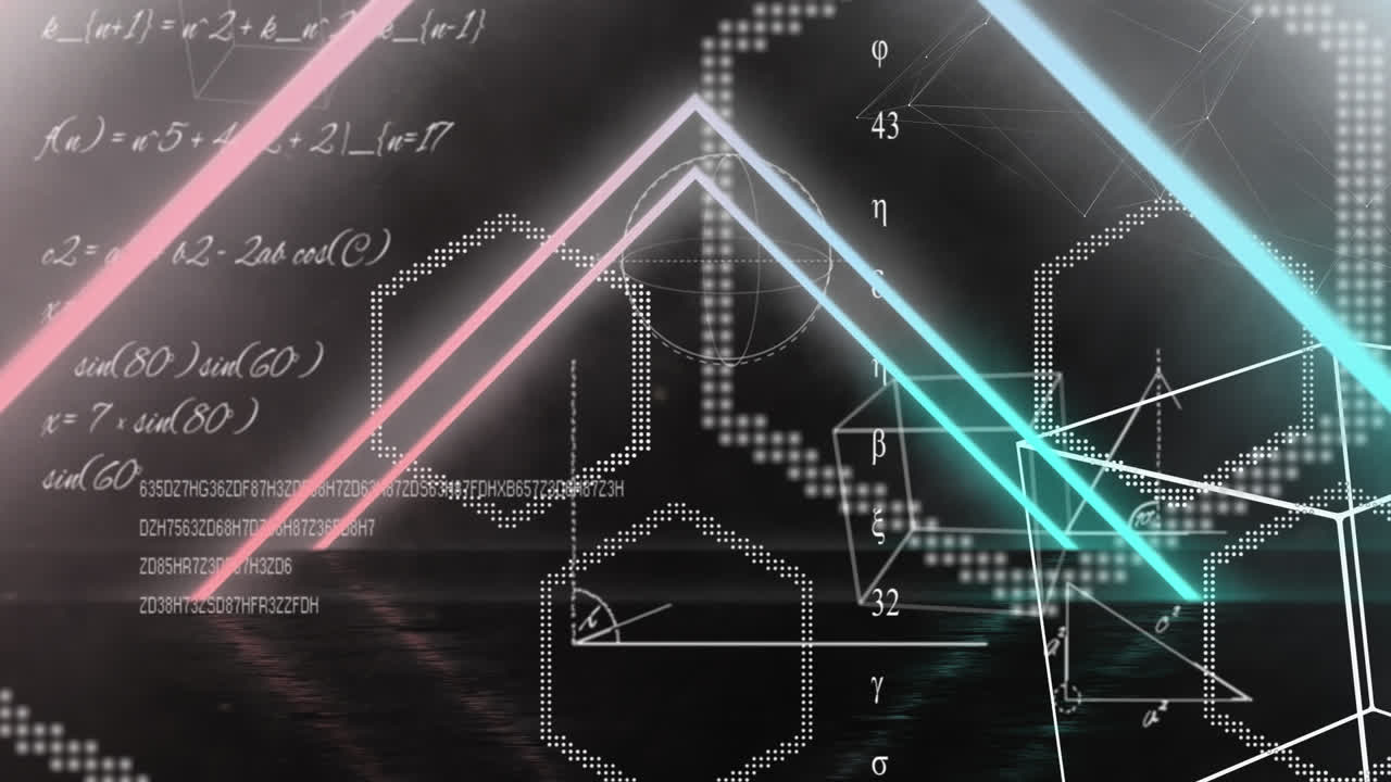 다채로운 밝은 삼각형이 움직이는 터널의 애니메이션, 검은 바탕에  윤이