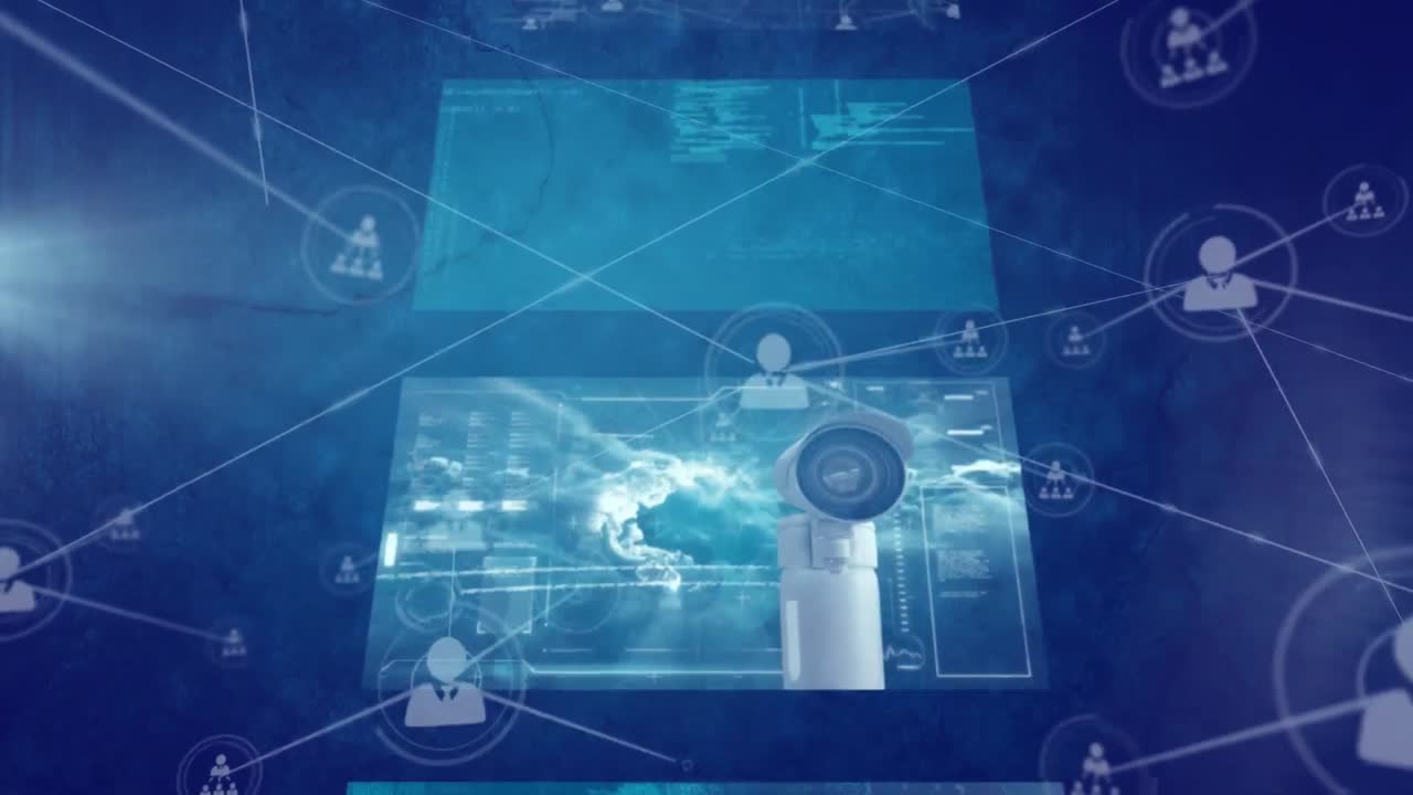 Animazione di schermi con reti di connessioni su sfondo blu