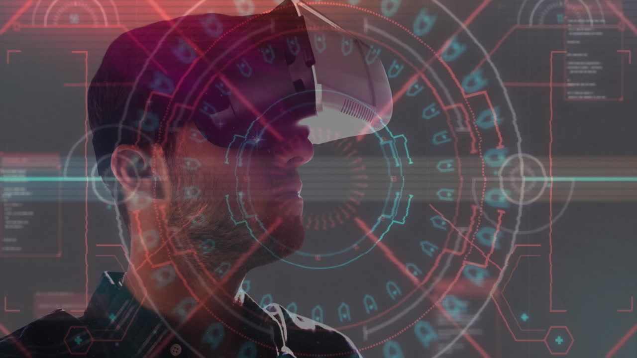 animación de escaneo de alcance y hombre que usa auriculares vr