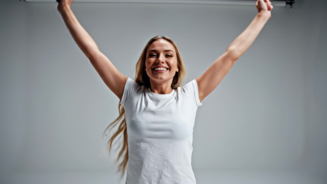 Happy Woman Celebrating Success in Studio