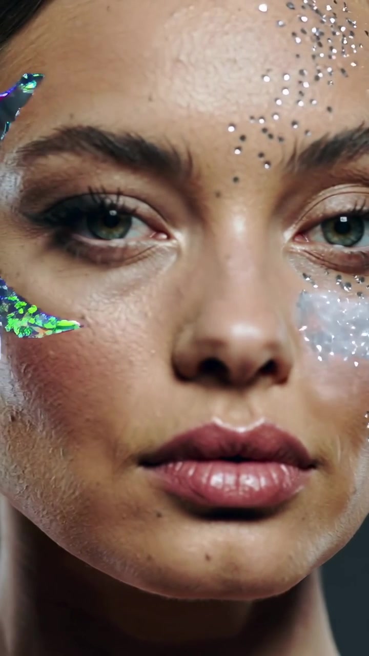 Vertical video: Shifting camera showing female model with growing foil and rhinestones in studio