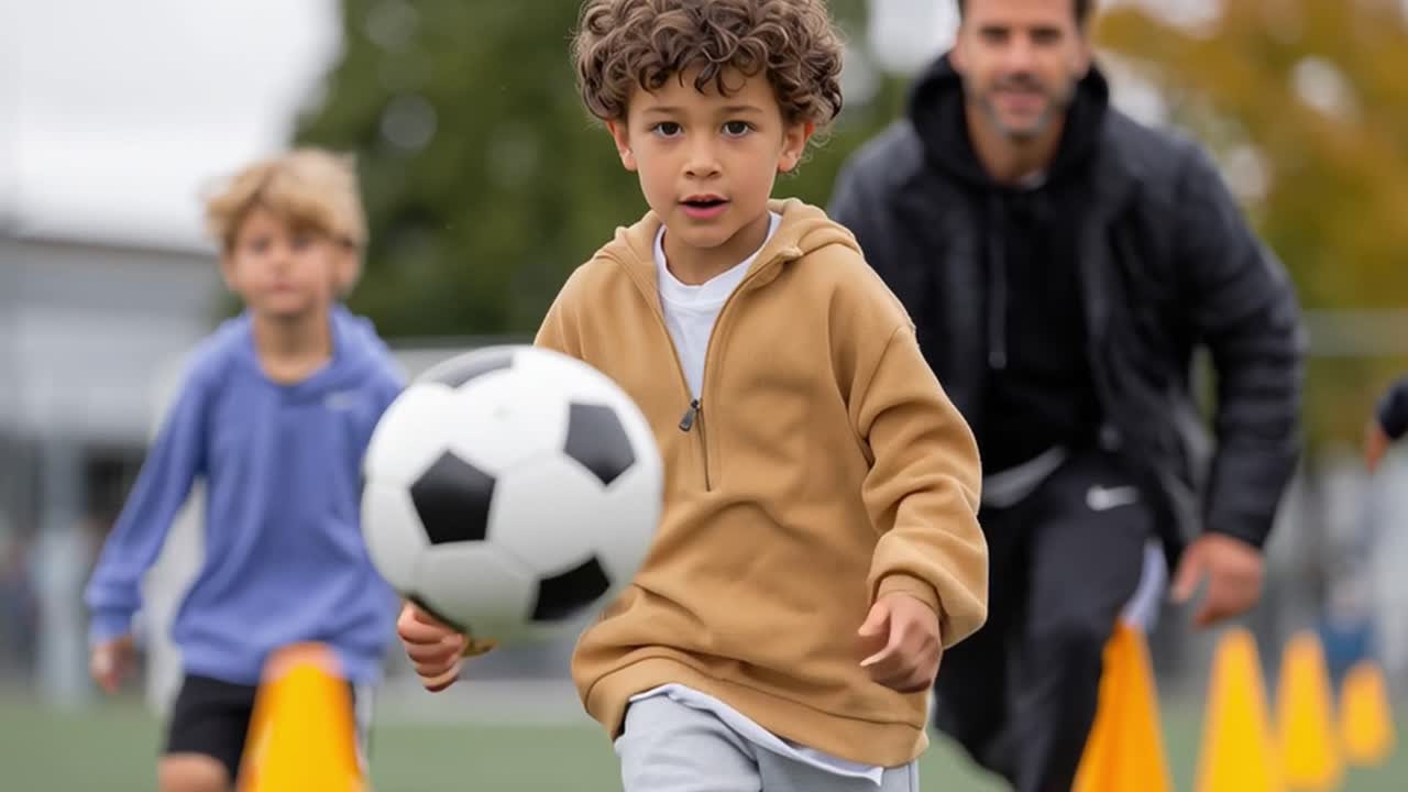 Menino jovem enérgico driblando uma bola de futebol no campo.