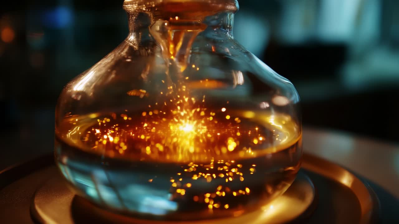 A Captivating Display of Glimmering Sparks and Golden Liquid in a Laboratory Flask: Exploring the Science of Light and Fluid Dynamics Through Stunning Visuals