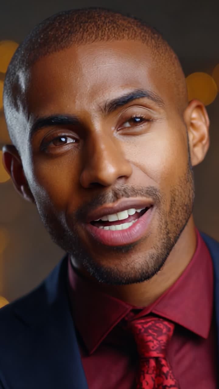 Close-Up Portrait of a Confident Man in Formal Attire Exuding Charisma and Style, Captured with Soft Focus and Warm Background Lights Enhancing Facial Features
