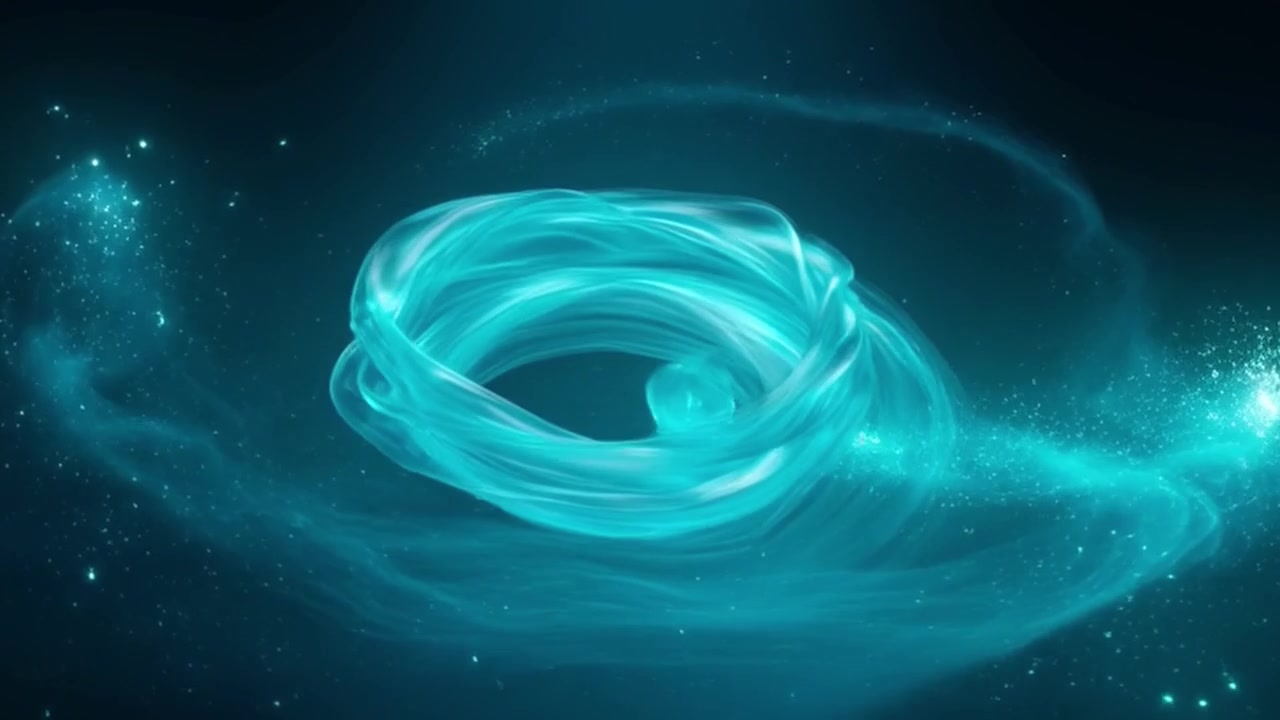 Movimento astratto di particelle di luce ciano luminose che formano un vortice turbinante.
