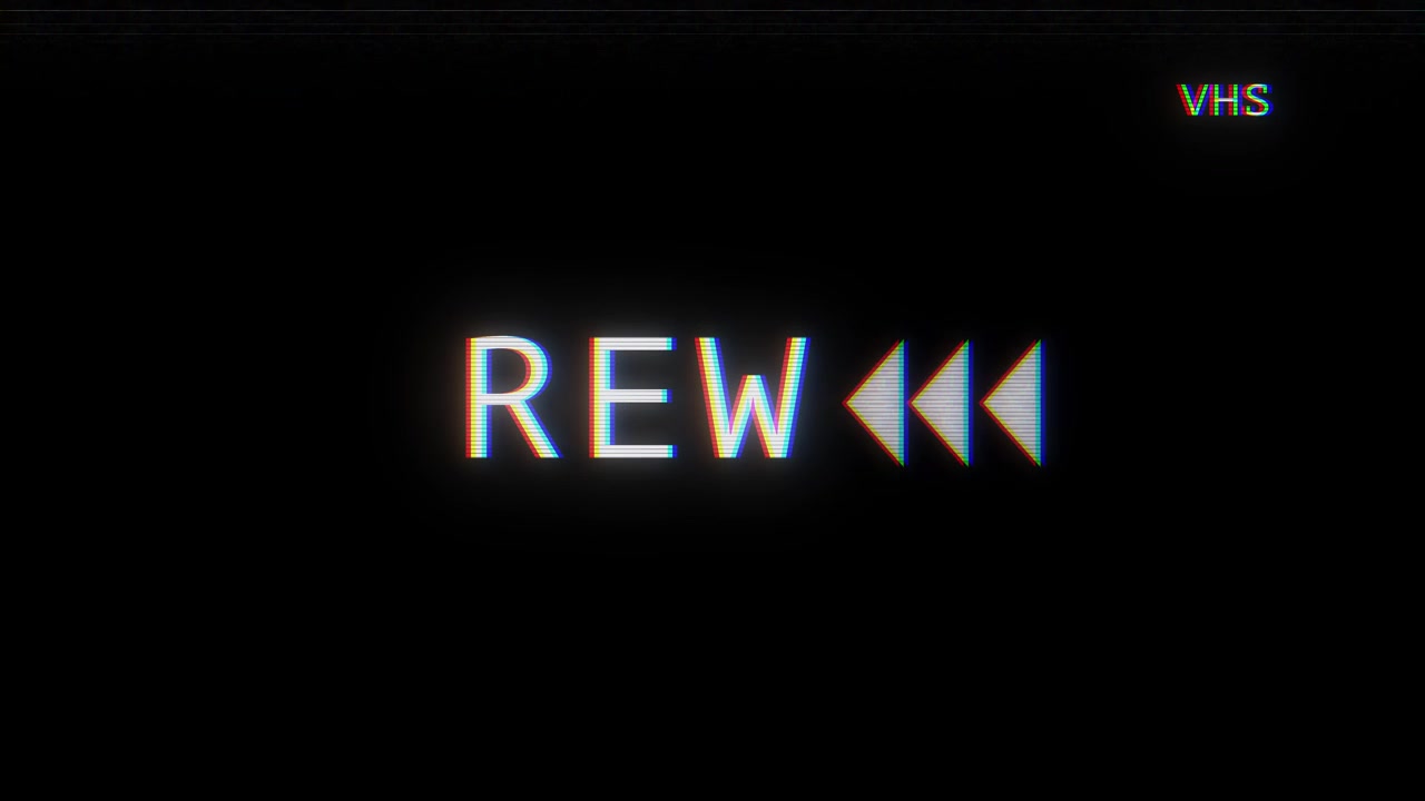 Retro vhs rewind motion visual distorted rew text dark tape texture and glowing analog scan lines