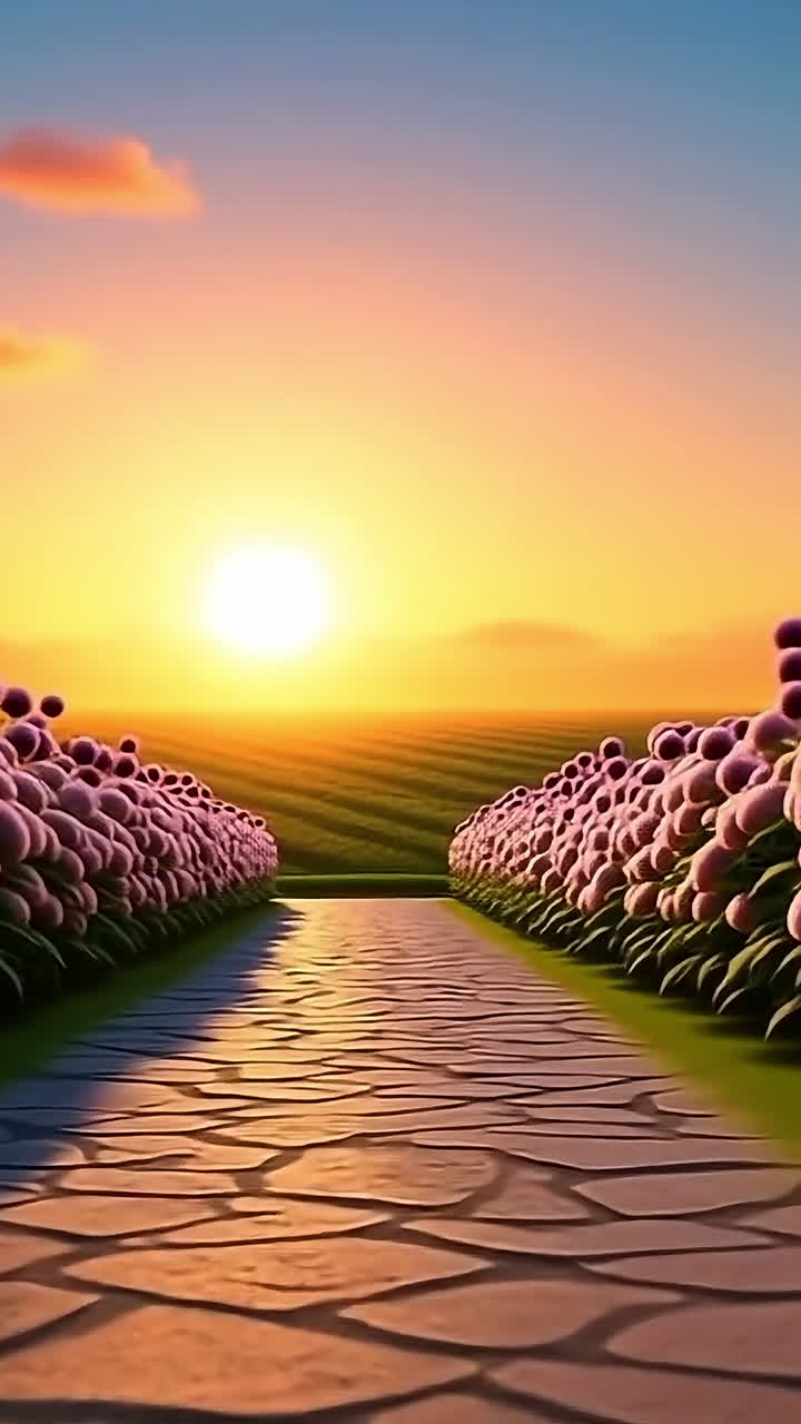 Flower-lined sunset path. A flower-lined stone path leads to a vibrant sunset over hills, creating a serene atmosphere.