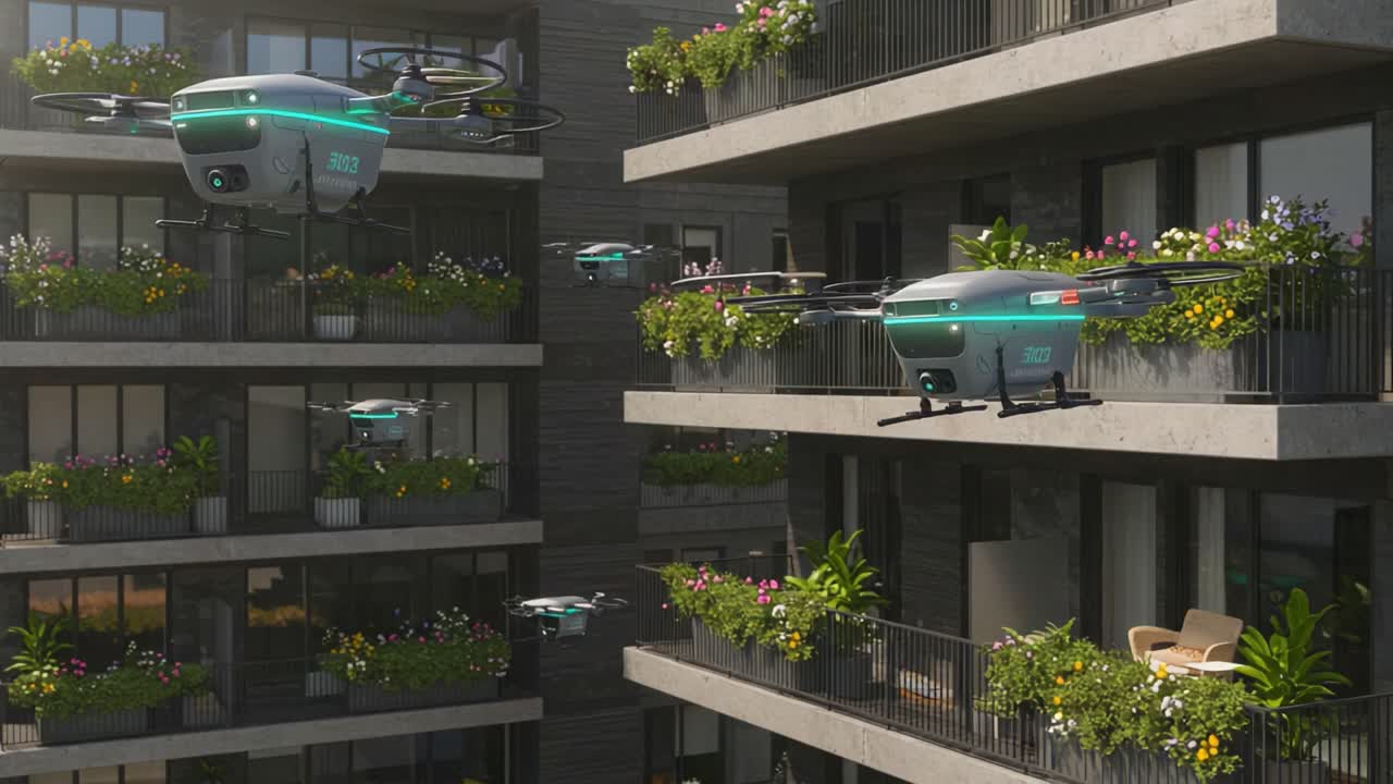 Aerial Delivery Drones Navigating Between Flower-Laden Balconies in a Modern Urban Environment with Lush Greenery and Innovative Technology