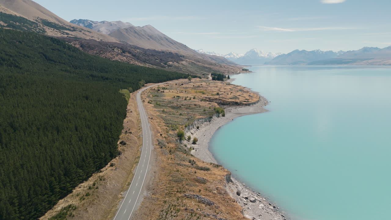 Aerial View of a Road Along a Turquoise Lake in New Zealand