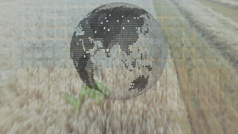 animation of globe and financial data processing over agriculture field