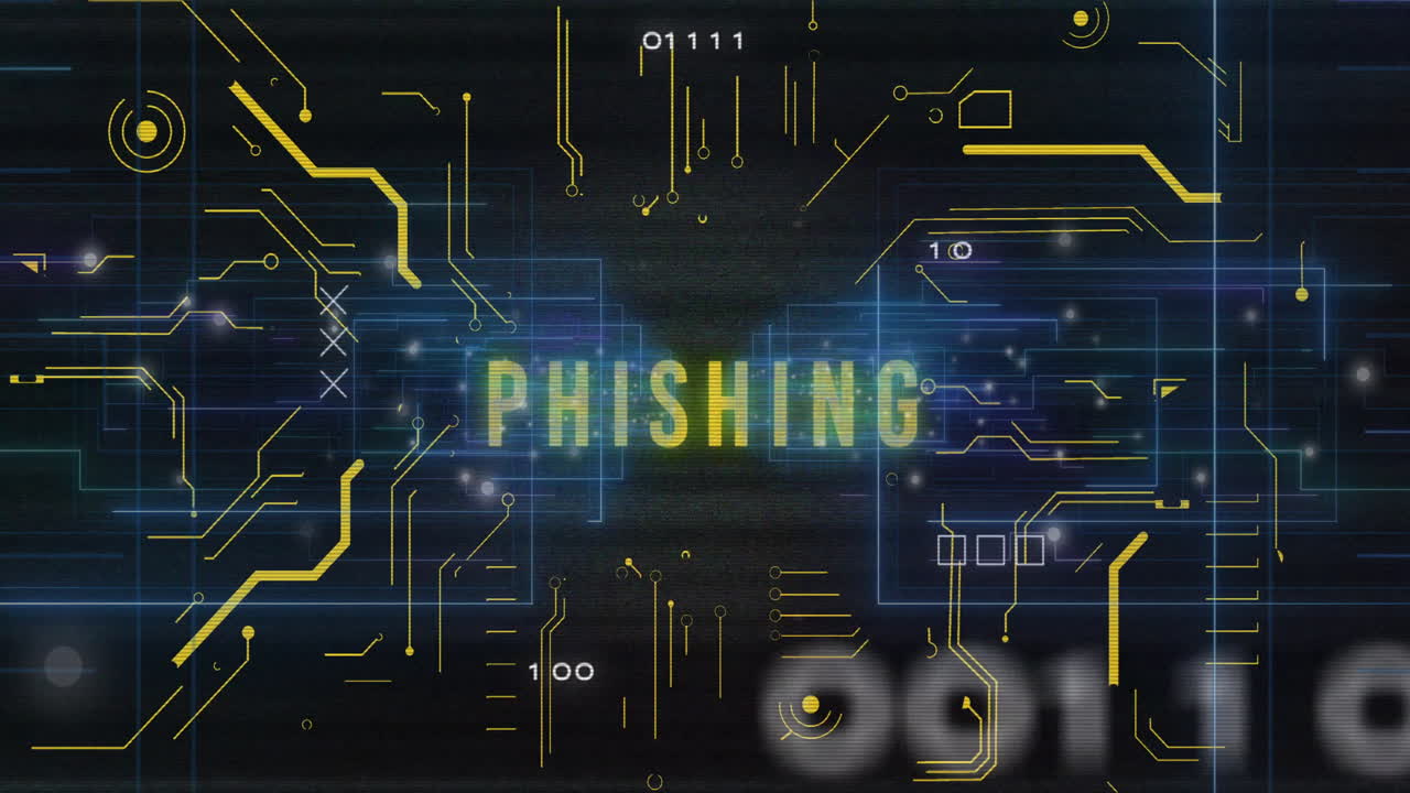 Animazione di testo di phishing su scheda madre, schermi di interfaccia e dati in elaborazione su sfondo nero