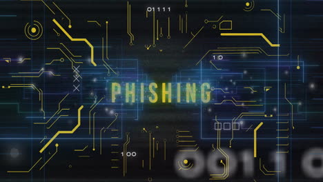 Animación-De-Texto-De-Phishing-Sobre-Placa-Base,-Pantallas-De-Interfaz-Y-Procesamiento-De-Datos-En-Negro