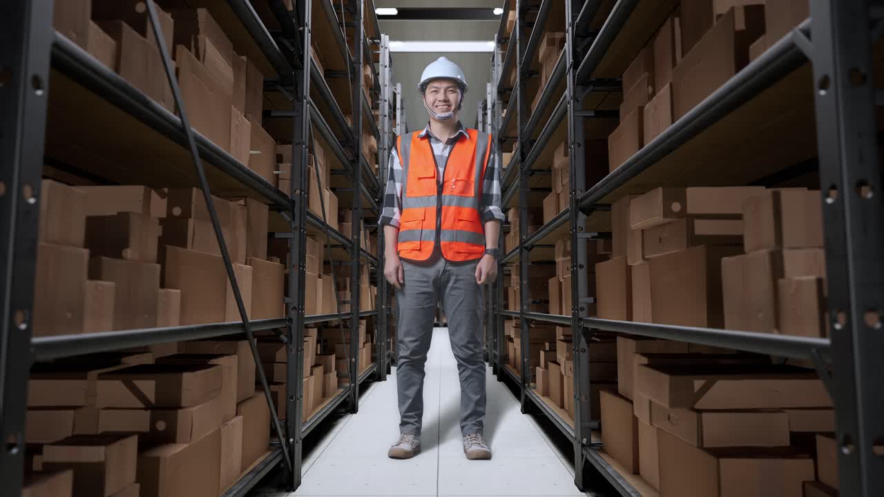cuerpo lleno de ingeniero masculino asiático con casco de seguridad sonriendo a la cámara mientras está de pie en el almacén con estantes llenos de mercancías de entrega