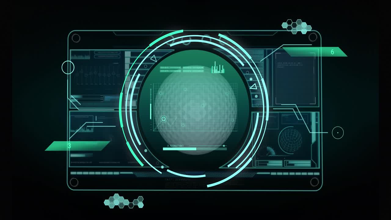 анимация обработки данных и мяч для гольфа на черном фоне.