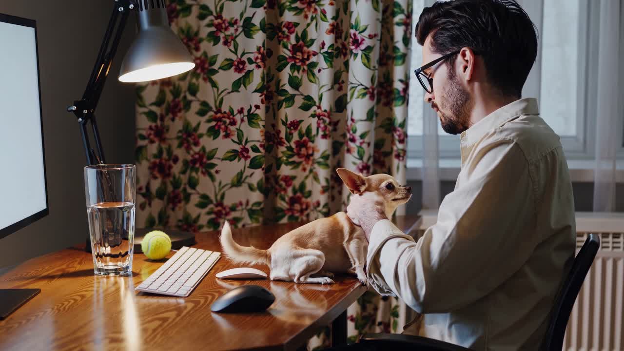 Young professional working from home, showing gentle affection toward small chihuahua while maintaining focus at minimalist home office workspace during remote workday