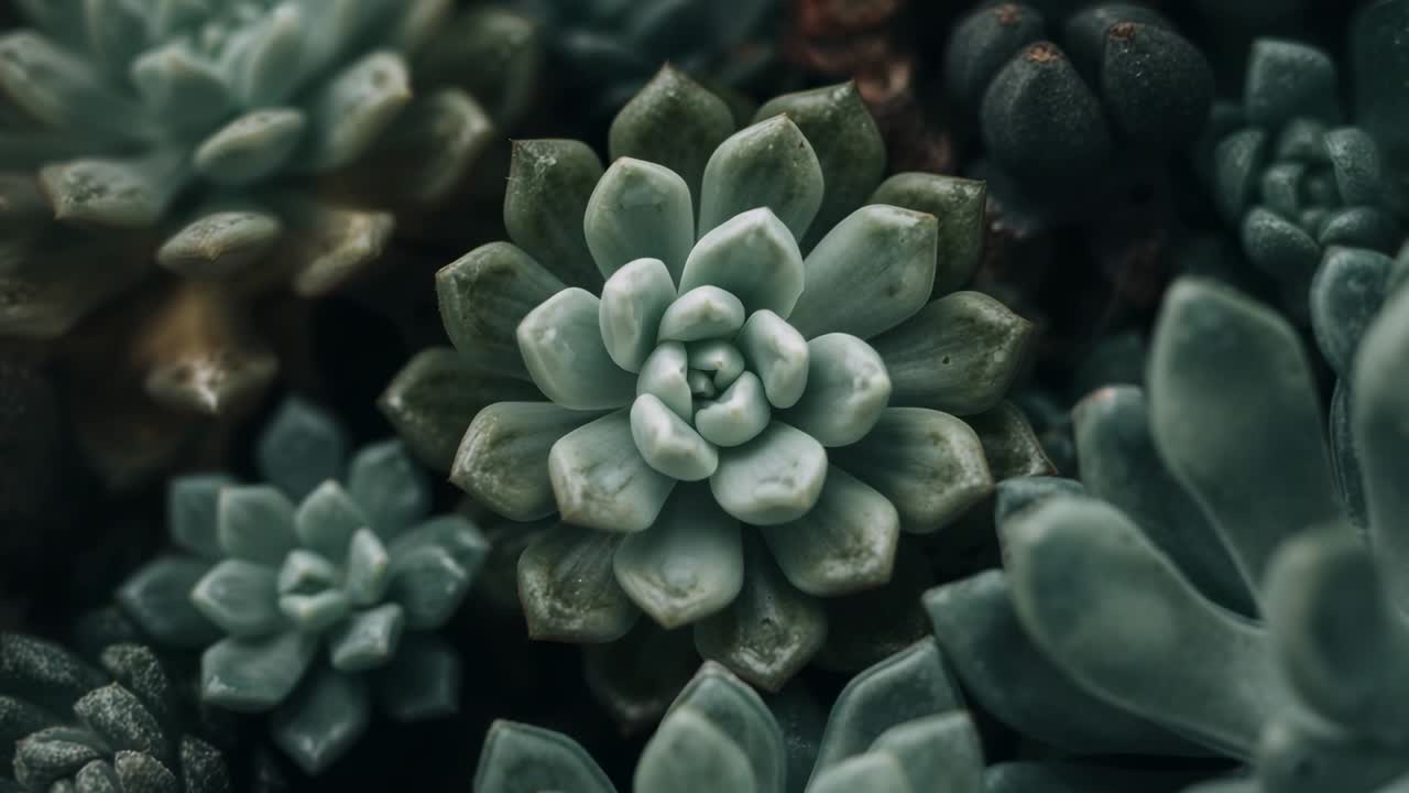 Lighting shifting focusing central succulent rosette in greenhouse with succulents and potting soil