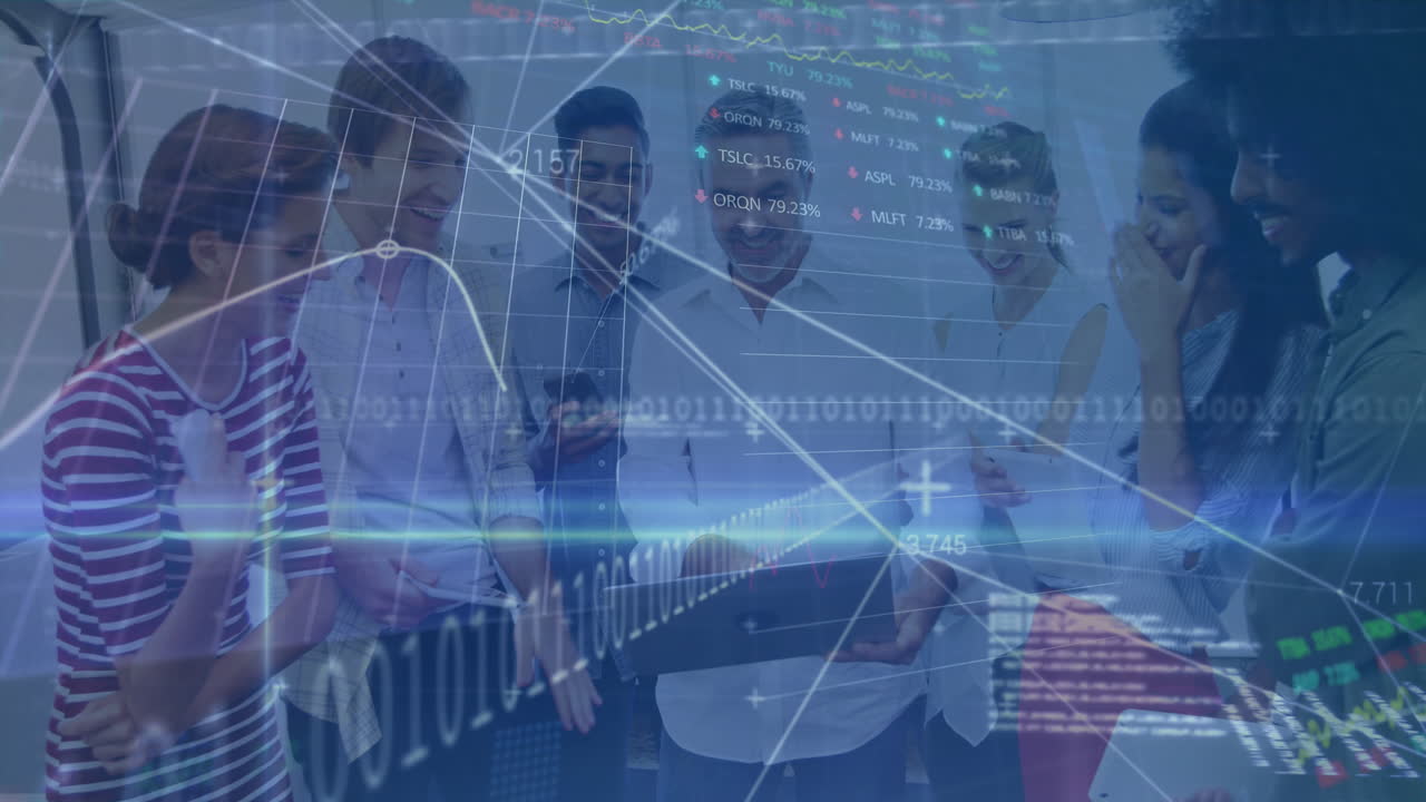 Animation of financial data processing over businesses people