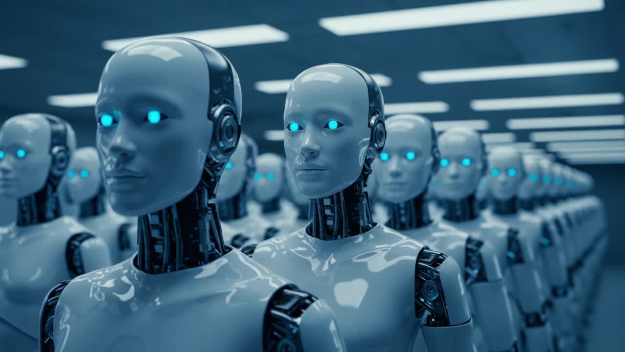 Futuristic Array of Robots with Illuminated Blue Eyes in a High-Tech Facility, Showcasing Advanced Robotics and Artificial Intelligence in a Synchronized Demonstration Environment