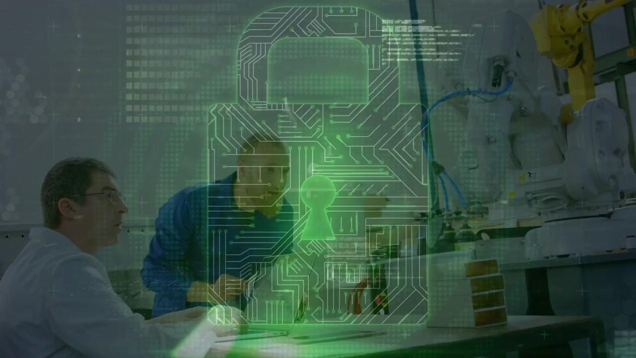 Animation of data processing over two caucasian male scientist