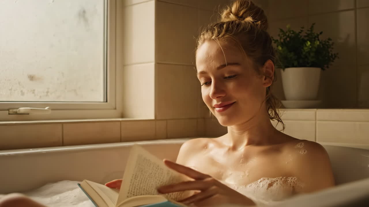 Woman Relaxing in a Bubble Bath and Reading a Book