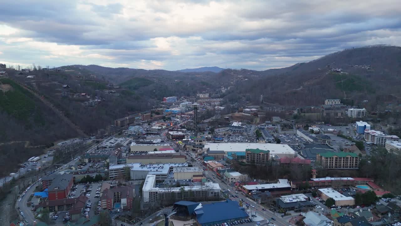 Aerial shot pulling out from Gatlinburg, TN on New Years Eve 2024.