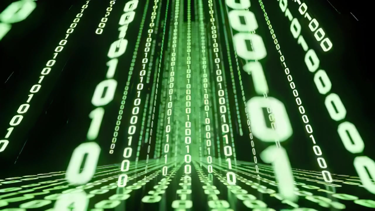 Streaming binary columns moving toward center point, reacting to camera move, creating tunnel depth