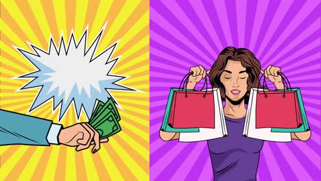 hermosa mujer con bolsas de compras y mano con billetes de dólares estilo pop art