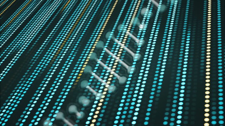 DNA strand with binary coding, processing scientific data in animation