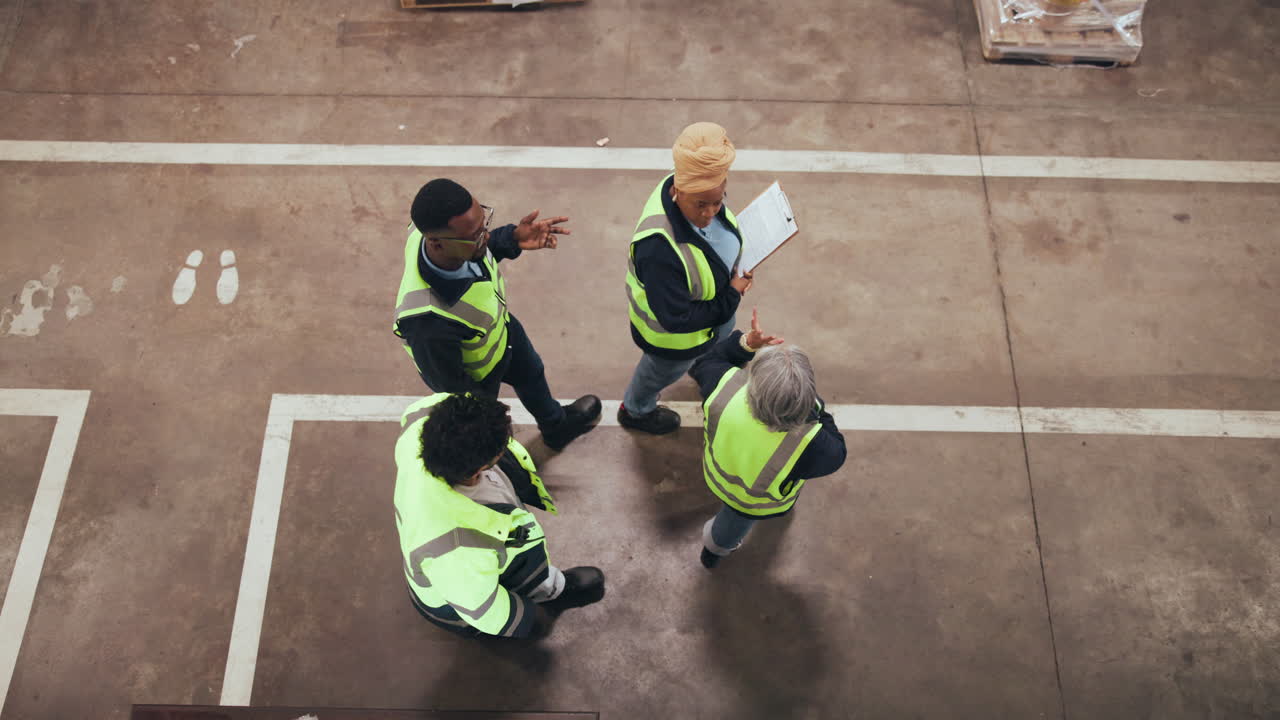 Overhead View of Diverse Warehouse Workers Discussing