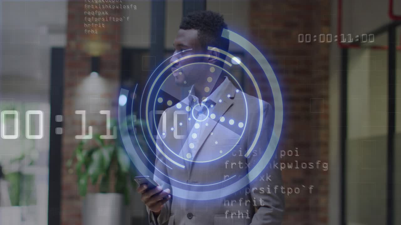 man glancing at HUD then tapping smartphone and intensifying data visualization in corporate lobby