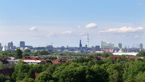 time lapse of hamburg skyline with elbphilharmonie, heinrich hertz tower, hafecity and clouds moving in hamburg, germany