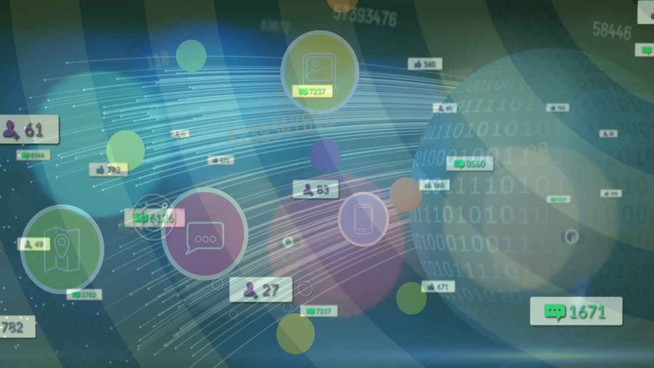 Animation of network of connections and icons over black background