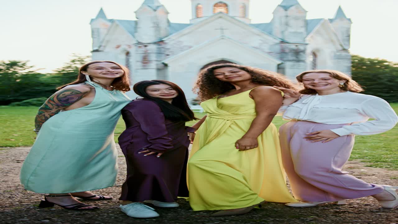 Group of women in dresses posing in front of a building