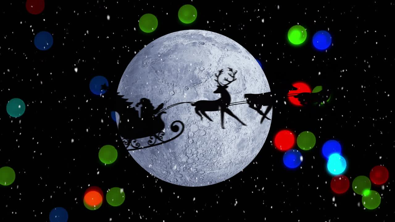 After two-second orb drift, reindeer trotting pulling Santa sleigh across moon, looping scene