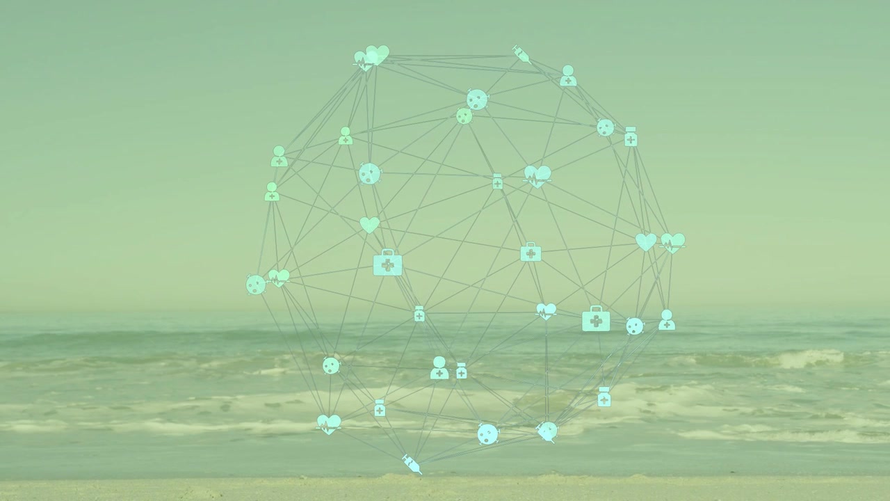 Overlay di rete sferico che appare sopra le onde della spiaggia, ruotando e rimodellando un'icona a cuore per la tecnologia.