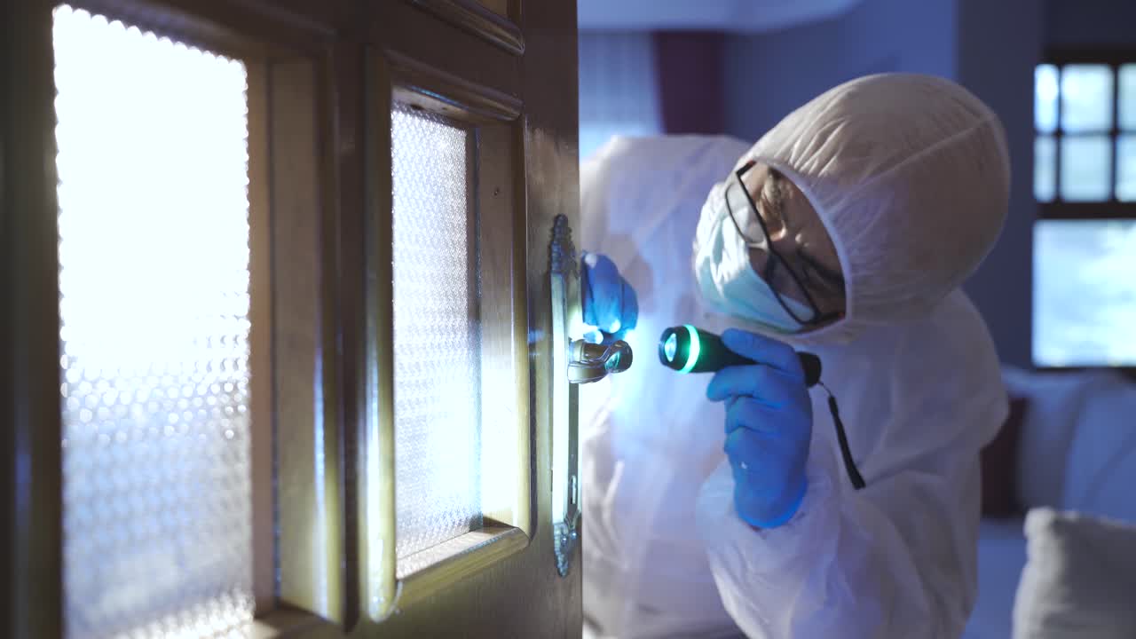 Esperto forense che rileva le impronte digitali sulla scena del crimine