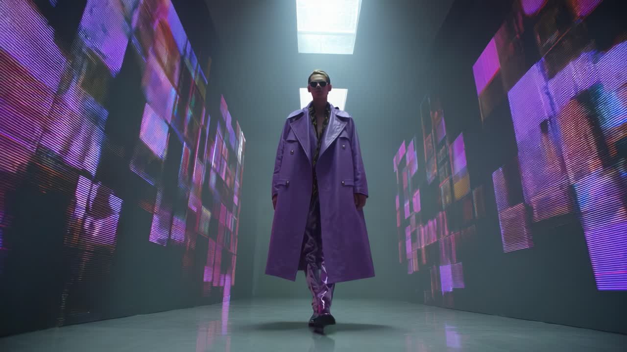 A Fashionable Figure Stands Confidently in a Modern, Digitally Enhanced Corridor, Exuding Style and Attitude with Bold Purple Tones and Futuristic Visuals that Highlight the Intersection of Fashion and Technology