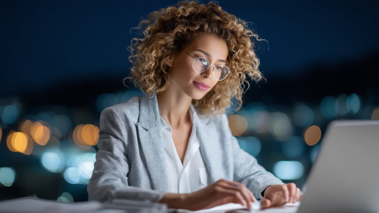 A Focused Professional Working Late at Night, Engaged in Tasks on Her Laptop with a Beautiful Evening Cityscape as a Backdrop