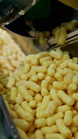 sticks of corn making in the factory. snacks of corn making for kids. vertical video