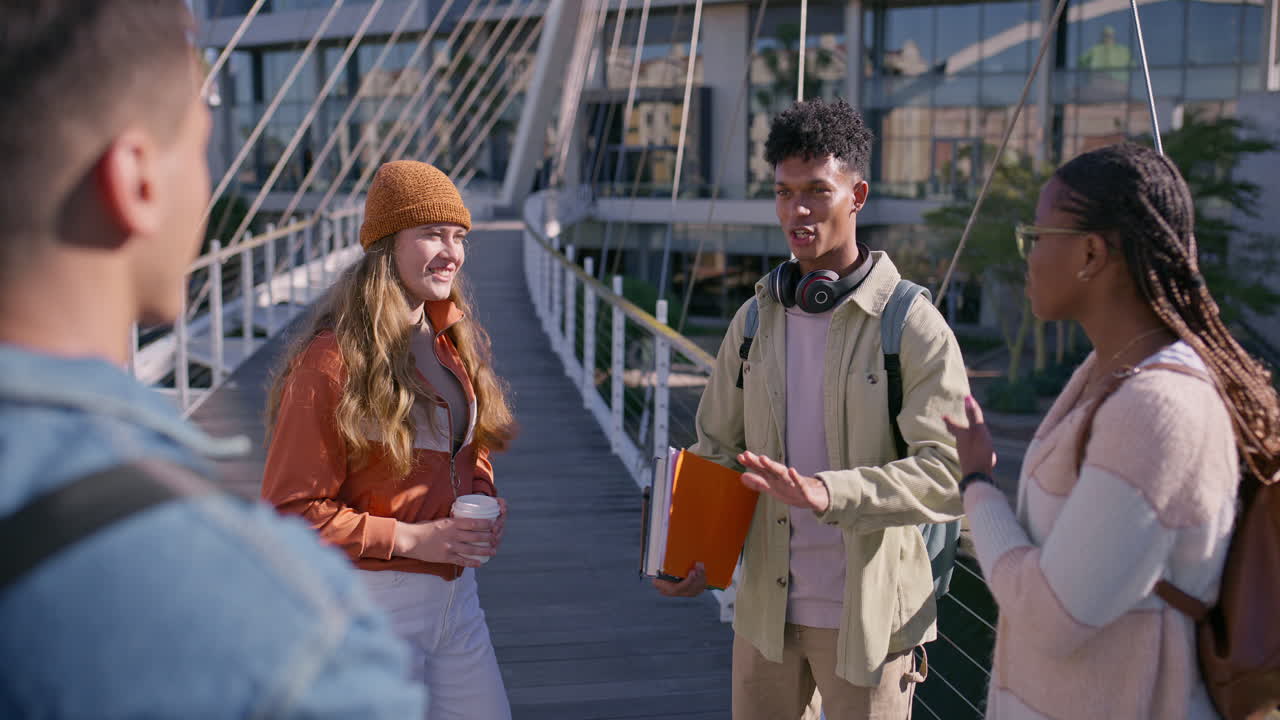 Students gathering on a bridge