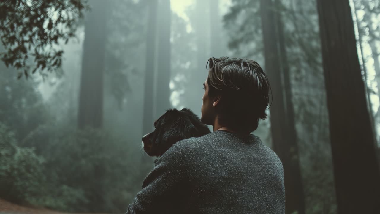 A Serene Moment: A Person and Their Dog Embrace Nature Amidst Majestic Redwood Trees in a Misty Forest Landscape