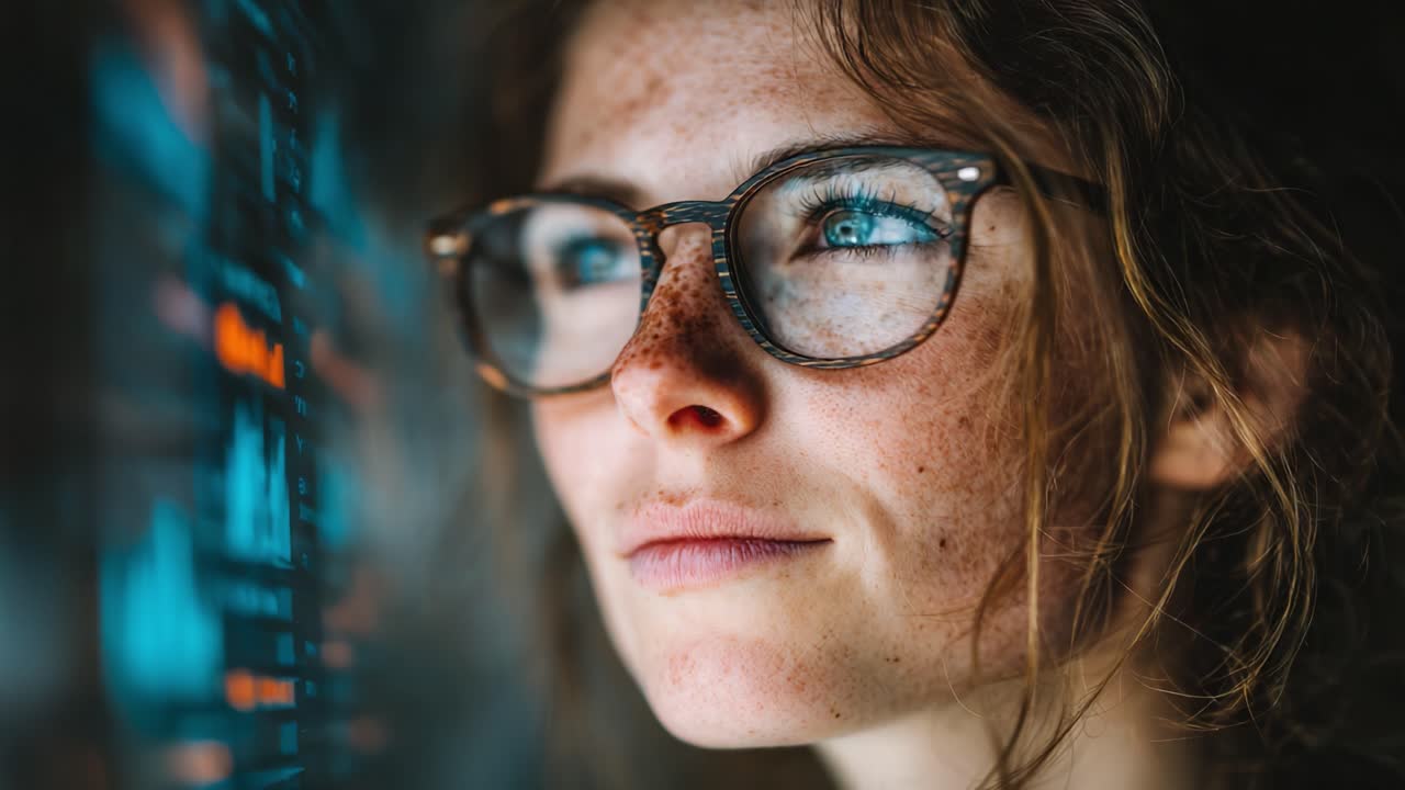 Una giovane donna con lentiggini e occhiali guarda intensamente uno schermo digitale, mostrando l'intersezione tra tecnologia e curiosità mentre esplora informazioni accattivanti