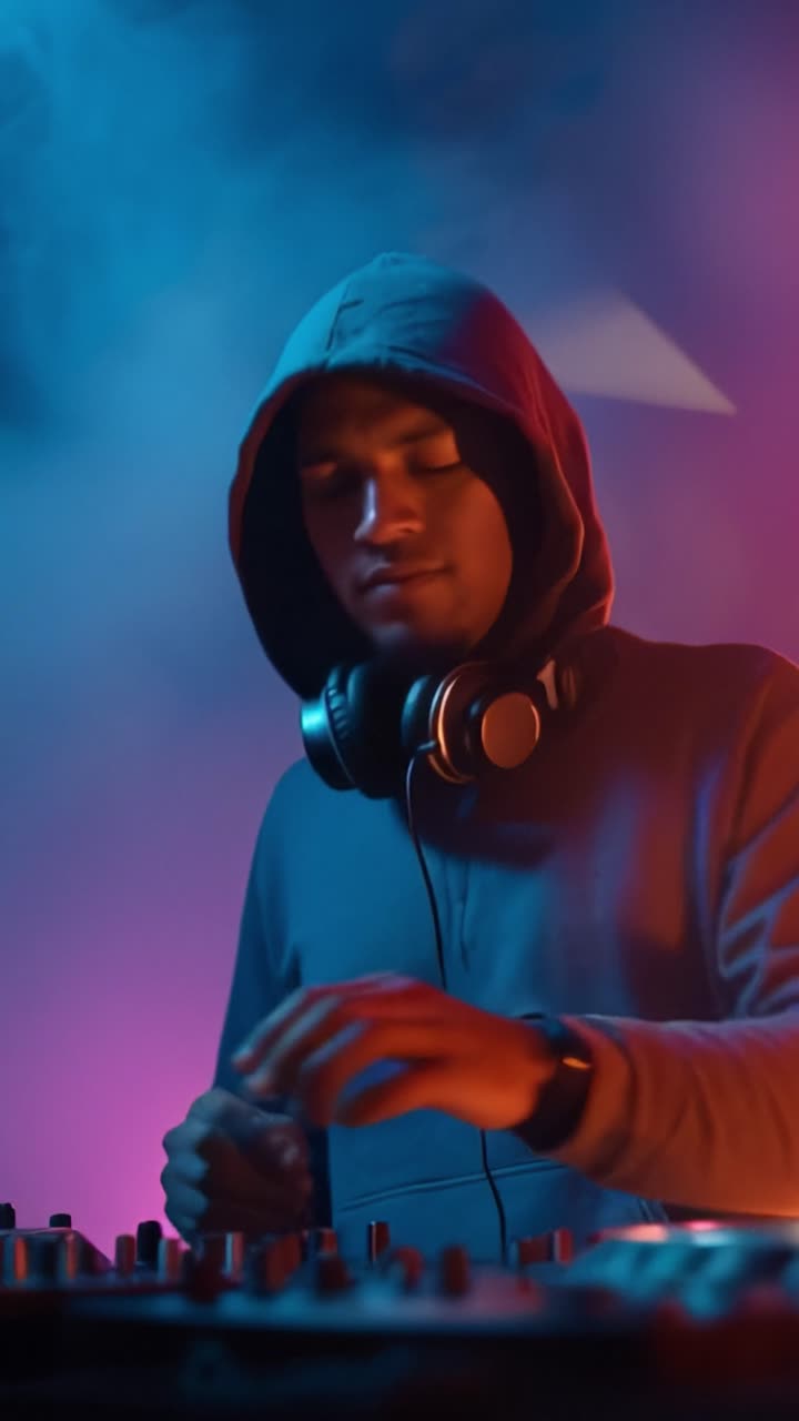 DJ con felpa con cappuccio concentrato a mixare sotto luci colorate. Il fumo si diffonde intorno a lui in una vivida foschia rosa e blu. Le sue mani si muovono abilmente sui controlli del giradischi. Indossa le cuffie, gli occhi chiusi.