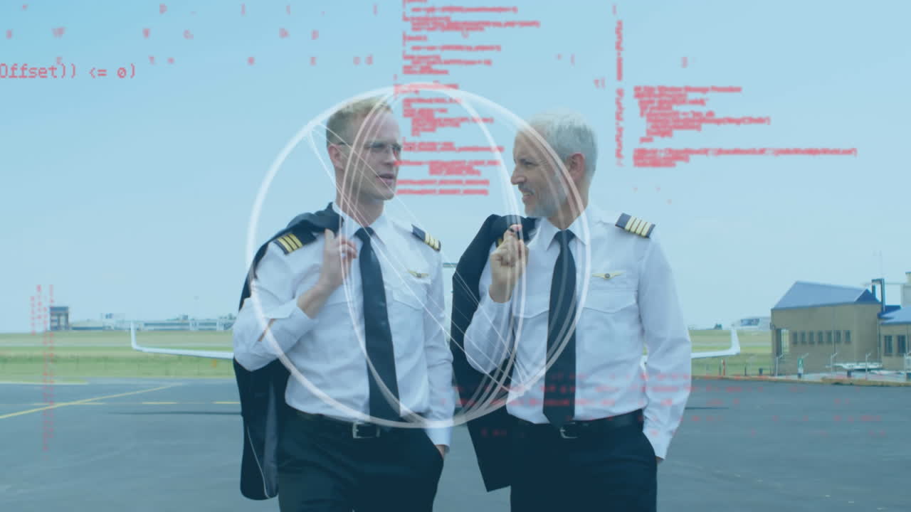 абстрактная форма и обработка данных над кавказскими двумя пилотами, разговаривающими во время ходьбы по взлетно-посадочной полосе аэропорта