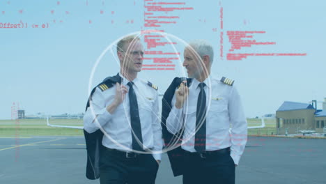 forma abstracta y procesamiento de datos sobre dos pilotos caucásicos hablando mientras caminan por la pista del aeropuerto